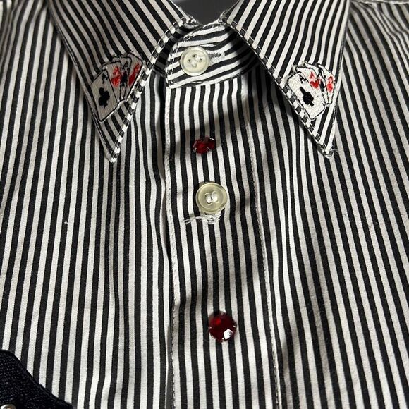 Get Lucky Womens Button Down Shirt Striped Small Embroidered Cards Black Small - Picture 5 of 15